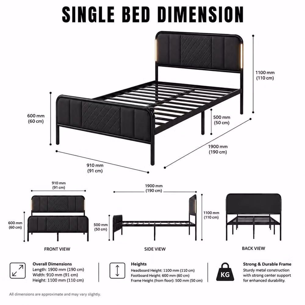 Sliding Wardrobes 4U LED Bed Frame with Quilted Headboard, Black, L190 x W91 x H110 cm – 2