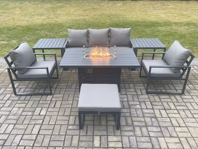 Fimous Grey Powder Coated Aluminium Outdoor Garden Furniture Set with Gas Fire Pit Dining Table, 2 Armchairs, 2 Side Tables and Large Footstool