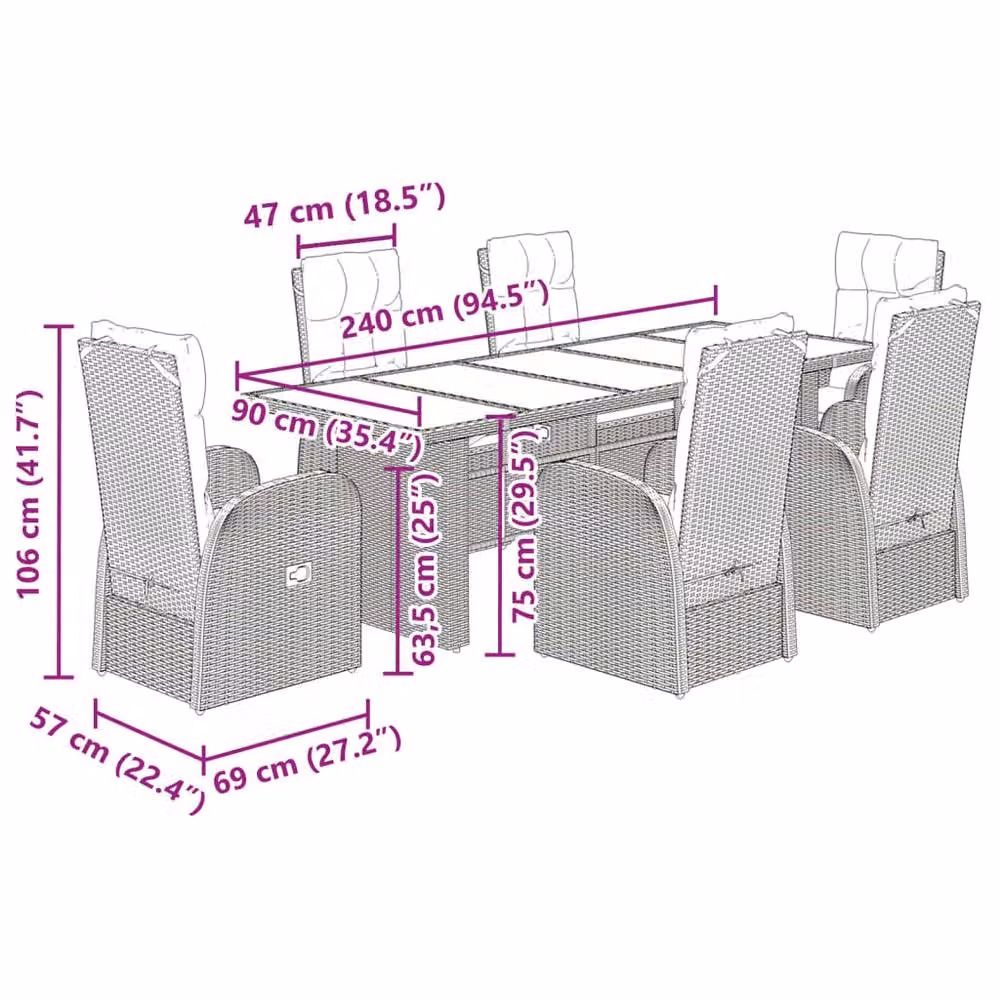 Berkfield Home 7 Piece Black Poly Rattan Garden Dining Set with Cushions and Glass Top – 4