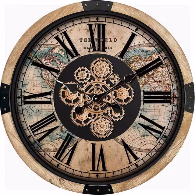 Minster Industrial Round Gear Wall Clock in Metal with Brown Frame, W64 x H64 x D8 cm