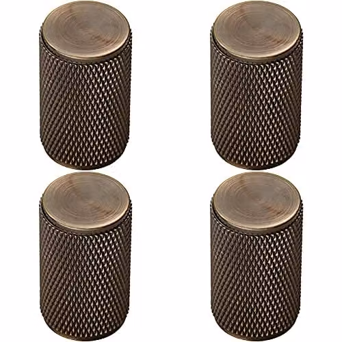 Loops 4 Pack Knurled Cylindrical Cupboard Door Knob in Antique Brass, 18mm Diameter