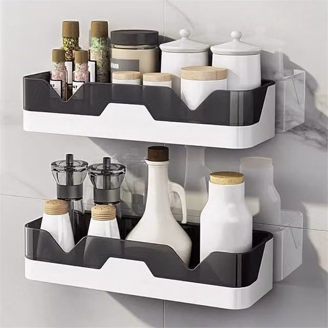 PAWNORA Black Plastic Adhesive Shower Shelf, 2-Piece Set