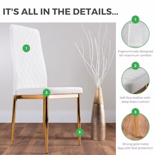 FurnitureboxUK Milan Set of 4 White Faux Leather Dining Chairs with Gold Metal Legs – 2