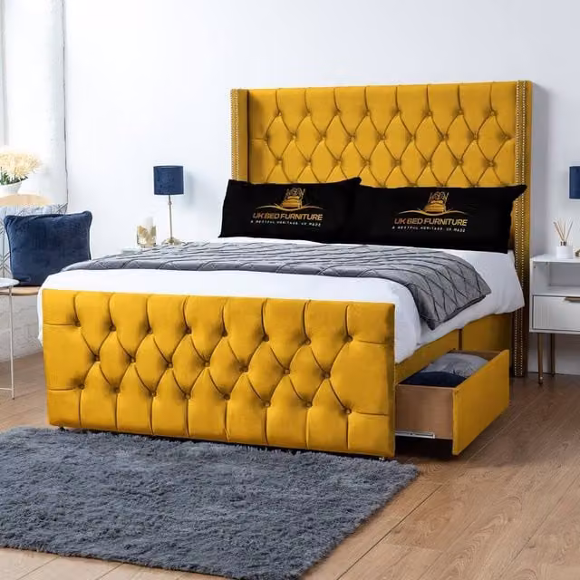 UK Bed Furniture Emily Wingback Divan Bed with 2 Foot End Drawers and 54 Inch Headboard in Yellow Velvet, Size: King (W/D: 180 x 200 cm)
