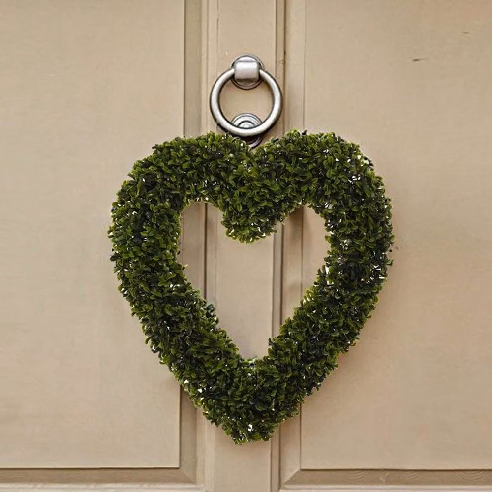 FLAVORA Green Artificial Boxwood Foliage Heart Topiary Hanging Wreath – 2