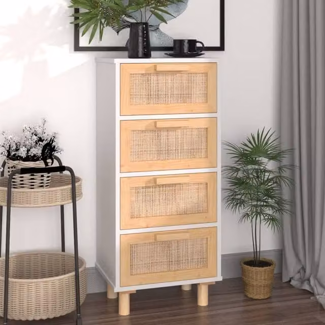 Berkfield Home White Sideboard in Solid Pine and Natural Rattan, W/D/H: 40 x 30 x 90 cm – 1