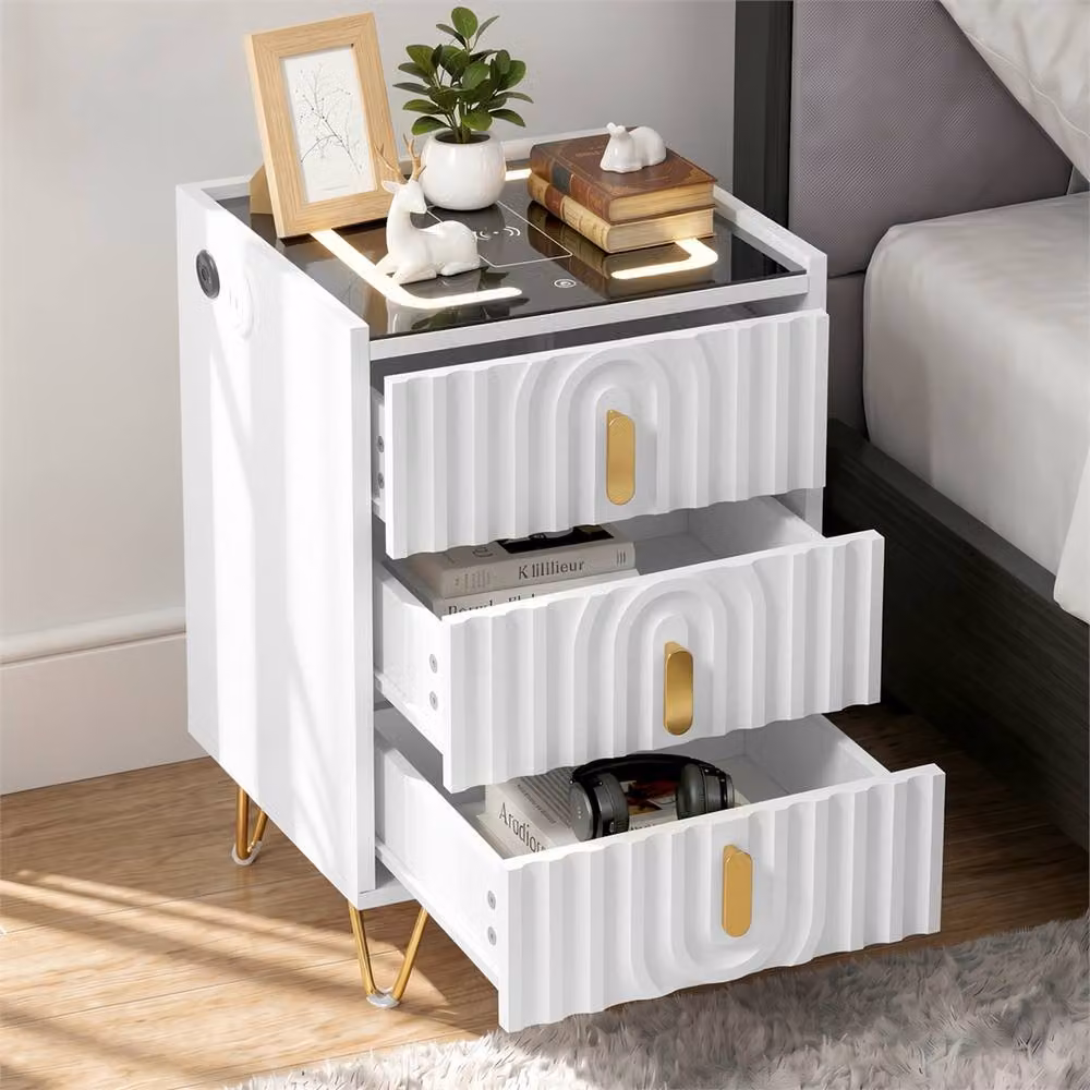 SPETLEK Modern LED Bedside Cabinet with Drawers in White – 4
