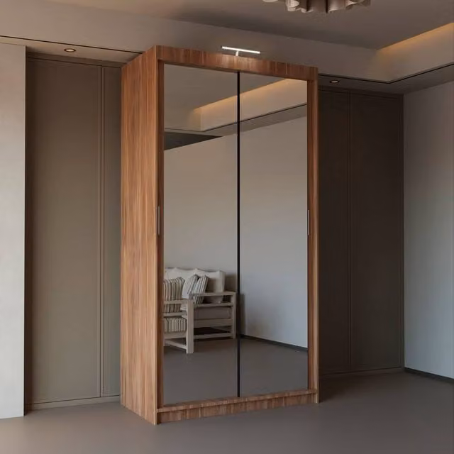 Sliding Wardrobes 4U Modern Mirror Sliding Wardrobe with Integrated LED Light, Brown, W: 90 cm, H: 200 cm – 1