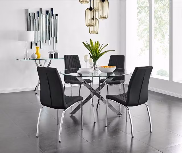 FurnitureboxUK Novara Chrome Metal and Glass Round Dining Table and 4 Isco Chairs Set in Black, Diameter: 120 cm