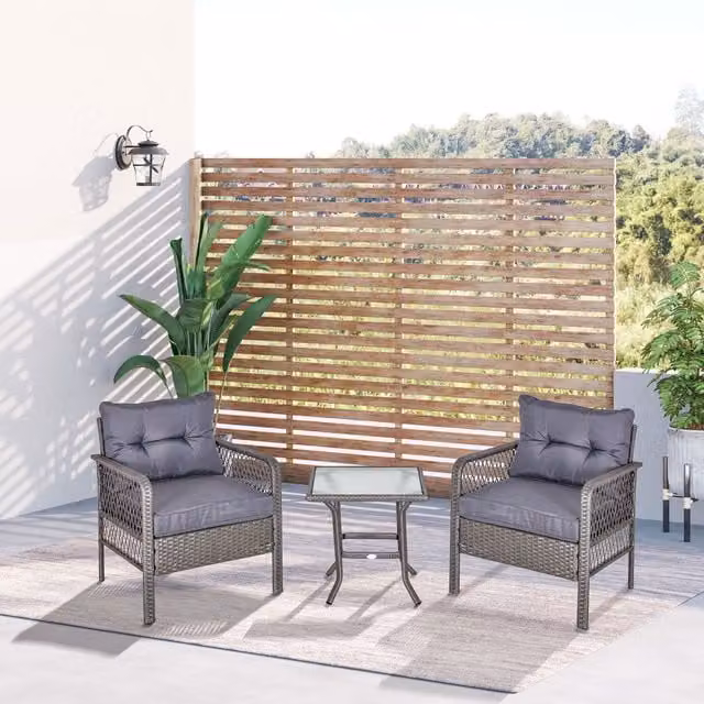 Outsunny 3 Piece Grey PE Rattan Bistro Set with Glass Top
