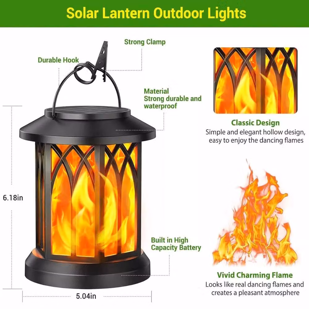 NESTLUNE 2-Piece Set of Black Metal Solar Hanging Lights with LED Flickering Flame – 2