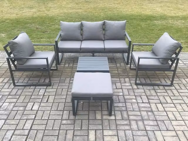 Fimous Modern Powder Coated Aluminium Outdoor Garden Furniture Set in Dark Grey with Lounge Sofa, Two Chairs, Coffee Table and Ottoman
