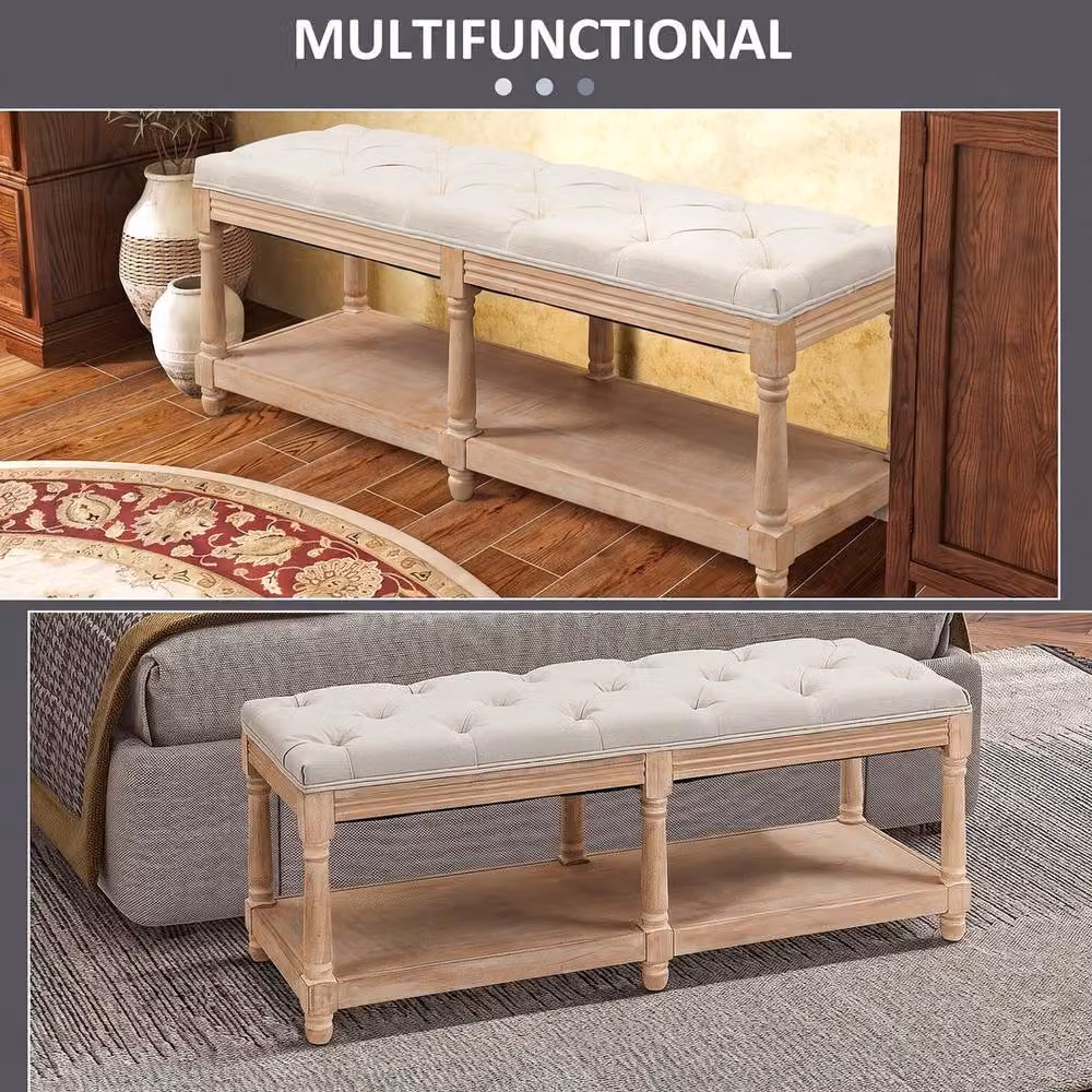 KORVIXA Beige Upholstered Shoe Rack Bench with Button Tufted Fabric Seat – 4