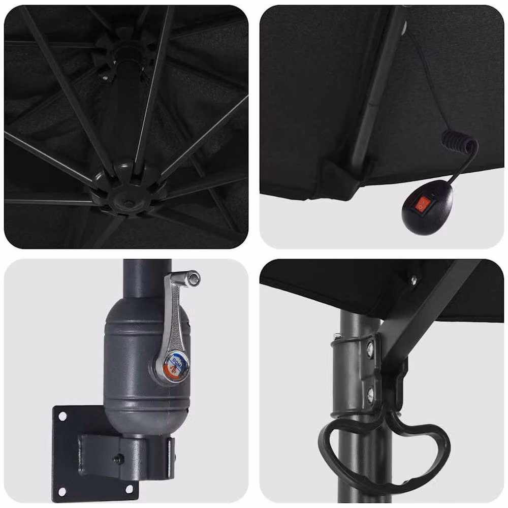 Berkfield Home Wall-mounted Garden Parasol with LEDs in Black, Diameter: 248 cm – 5