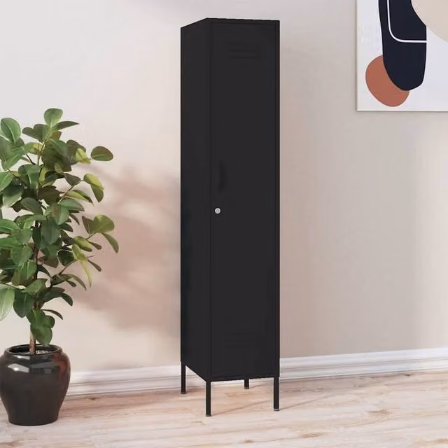Berkfield Home Modern Metal Locker Cabinet in Black with Internal Shelves and Lock, W/D/H: 35 x 46 x 180 cm