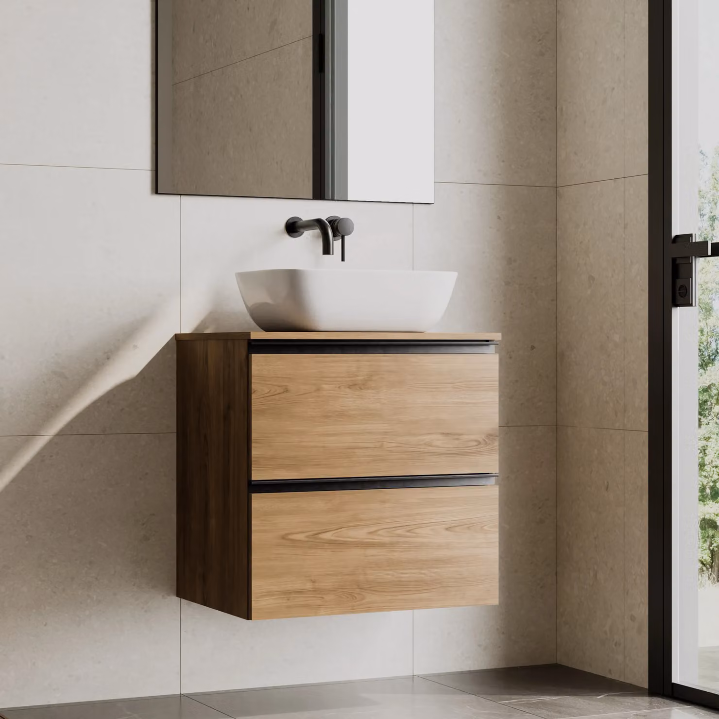 Banyetti Akiro 600mm Wall Hung Vanity Unit with Matching Worktop in Walnut – 3