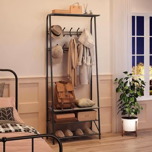 London Boutique Hall Tree with Bench, Shoe Shelves and Hooks, Grey
