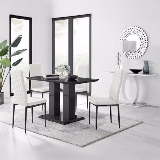 FurnitureboxUK Imperia White Rectangular Glass Dining Table and 4 Milan Black Faux Leather Chairs Set