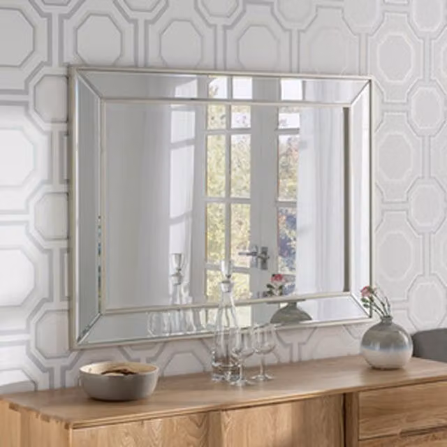 Yearn Minimalist Angled Rectangular Wall Mirror in Metallic Silver, W: 95 cm, H: 120.5 cm