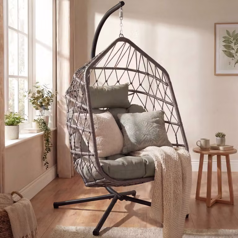 Foldable Hanging Egg Chair with Stand and Cushions in Grey and Black