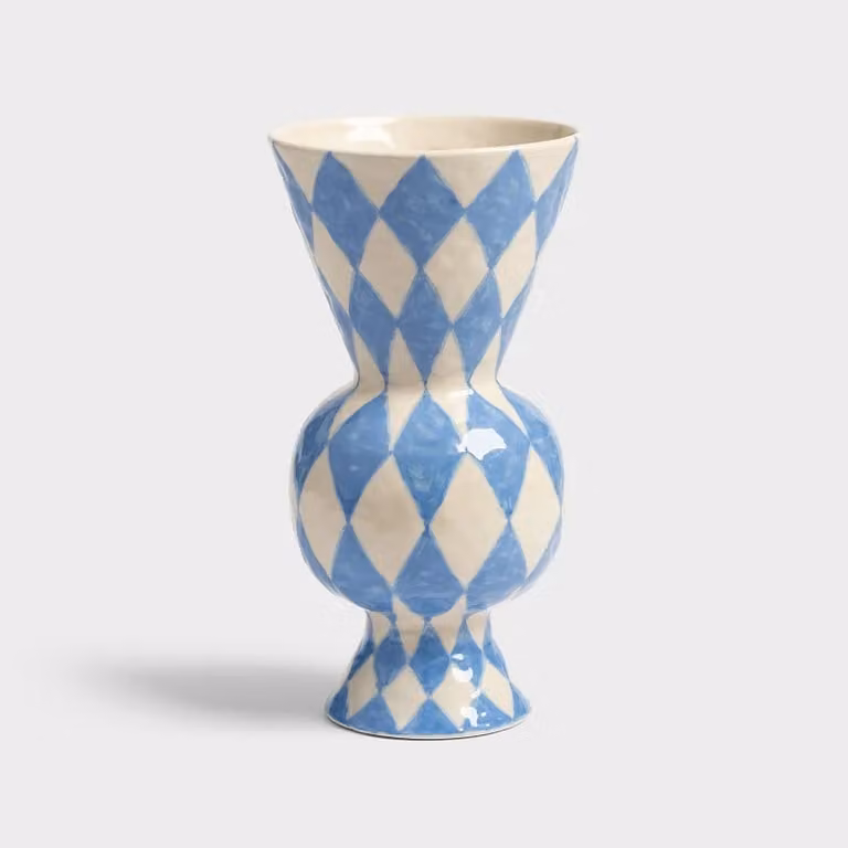&Klevering Rhombic Blue Ceramic Geometric Tabletop Vase, H 16.0 cm x W 16.0 cm x D 1.0 cm