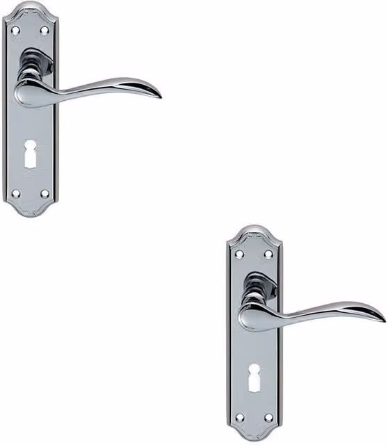 Loops 2x Pair Curved Door Handle Lever on Lock Backplate, Polished Chrome, W: 18 cm, H: 4.5 cm