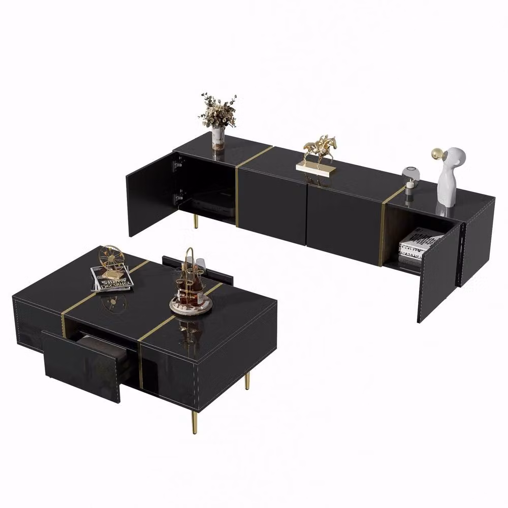 Merax Modern High-Gloss Living Room Set with TV Cabinet and Coffee Table in Black – 5