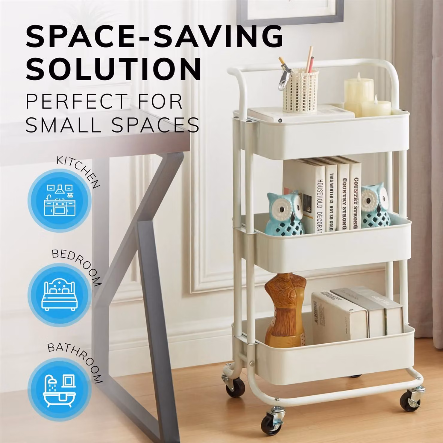 House of Home 3 Tier Metal Storage Cart on Wheels in Pink and White – 2