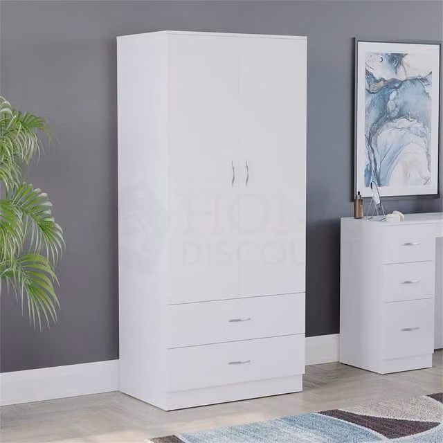 FORGEVIO White Wooden Wardrobe with Modern Hinged Doors and Integrated Drawers