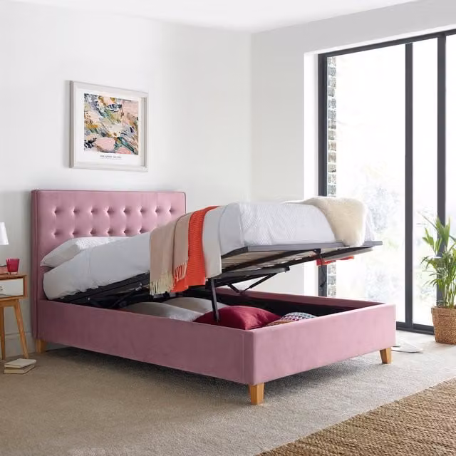 Bedmaster Kingham Pink Velvet Upholstered Ottoman Bed, W/D/H: 180 x 200 cm