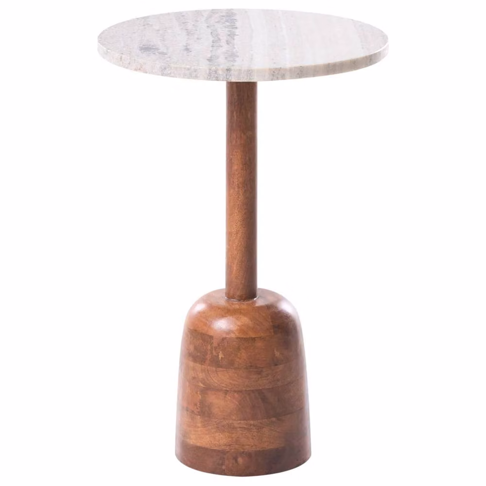 Wyld and Coco Round Side Table with Marble Top and Walnut Veneer Mango Wood Base in Brown – 2