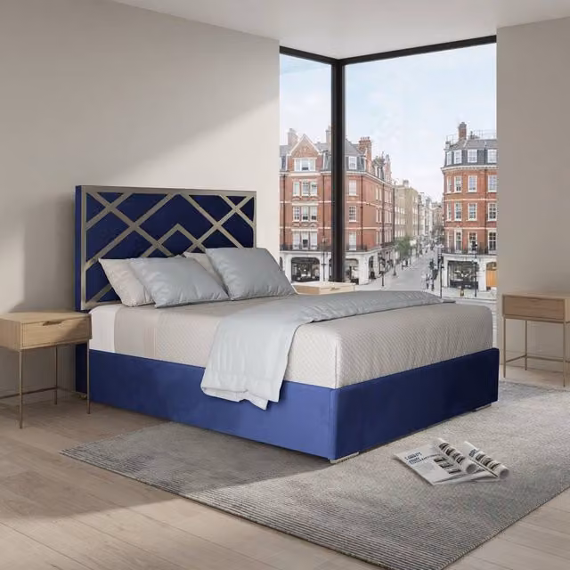 KDMD Rochdale Modern Upholstered Velvet Designer Bed Frame in Blue with Metal Details, Size: 180 x 200 cm – 1