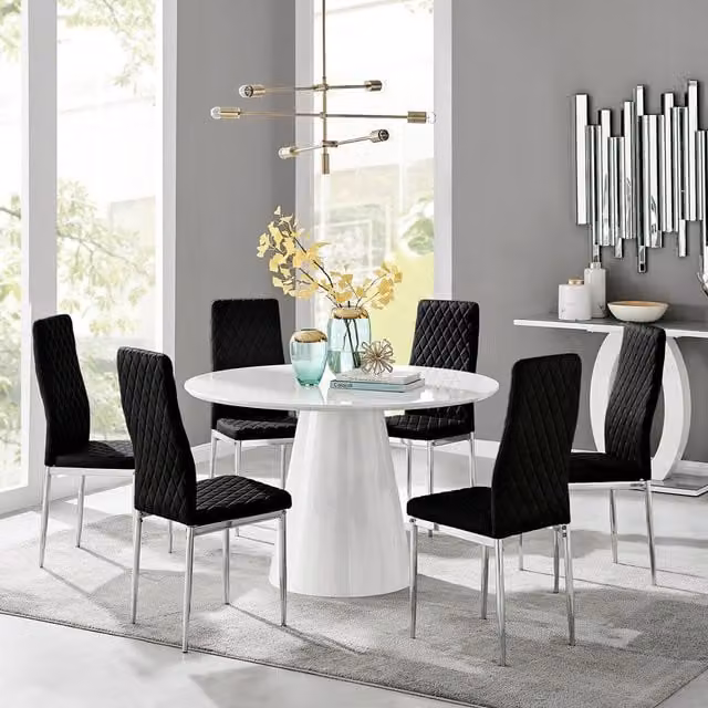 FurnitureboxUK Palma White High Gloss Round Dining Table and 6 Black Velvet Milan Chairs