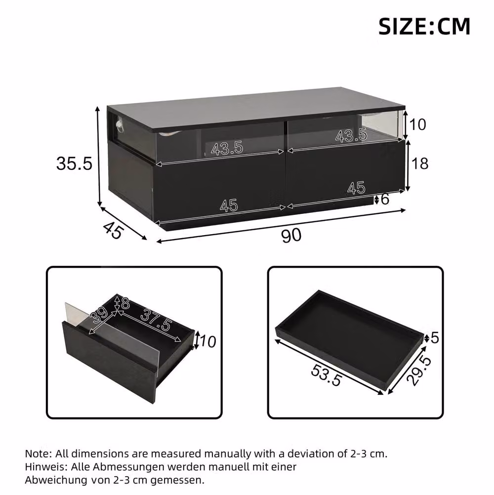 STILVORA Modern Rectangular Coffee Table with Glass Top, Drawers and LED Light in Black and Transparent – 4
