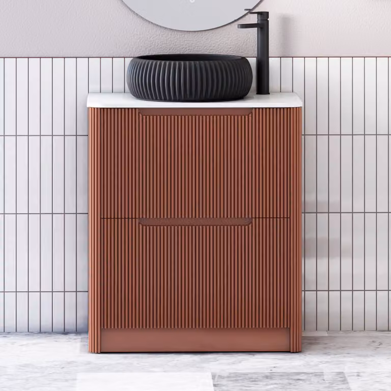 Royal Bathrooms Avenza 700mm Terracotta Clay Floor Standing 2 Drawer Vanity Unit with Plain White Worktop and Milan Black Basin