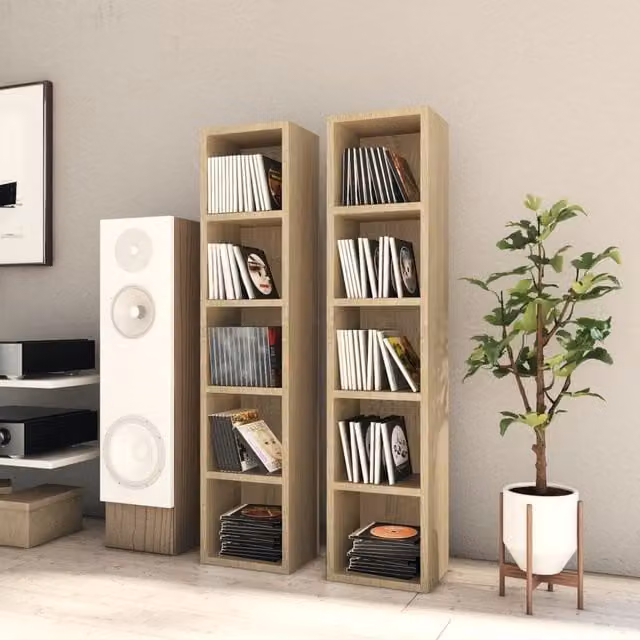 Berkfield Home Set of 2 Sonoma Oak CD Cabinets in Brown, W/D/H: 21 x 16 x 93.5 cm
