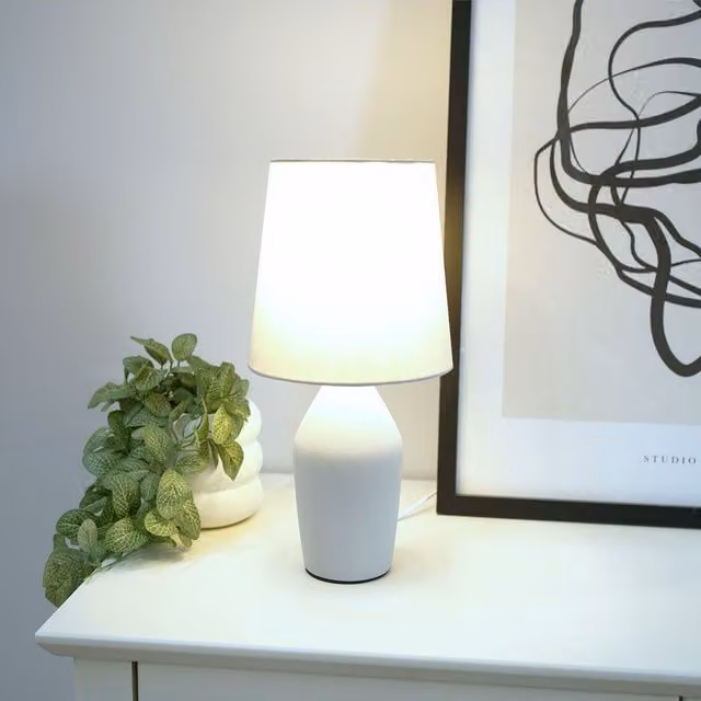 ValueLights Arlo Compact Ceramic Table Lamp with Grey Fabric Shade, H 36.5 x W 18.0 cm