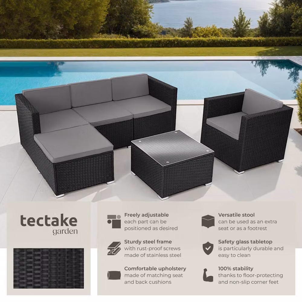 tectake Lignano Modern L-Shape Garden Furniture Set in Black with Upholstered Lounge Armchair and Matching Ottoman – 2