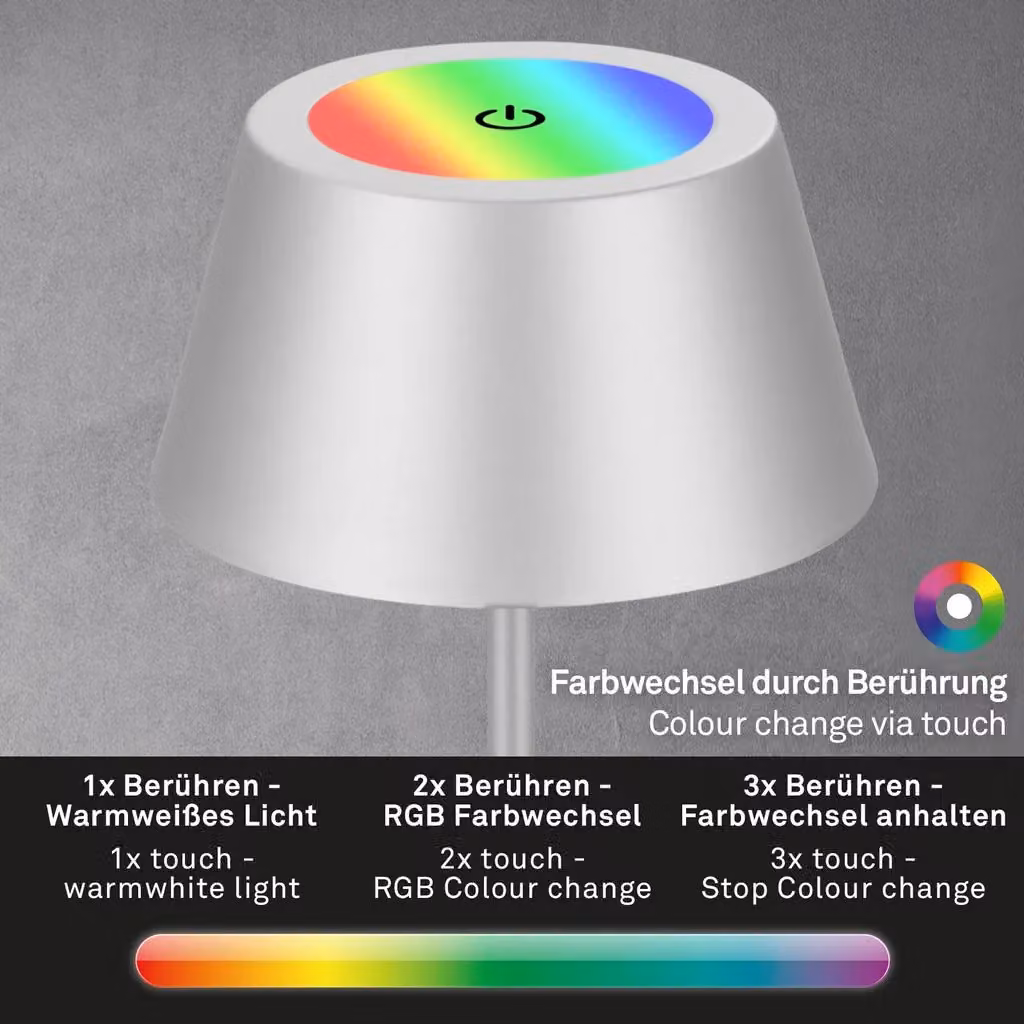 Briloner Matt Chrome RGB LED 2.6W Rechargeable Table Lamp in Silver – 3