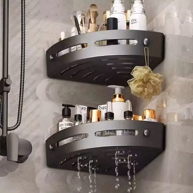 PAWNORA Matt Black Metal Wall Mounted Corner Shelf Rack for Bathroom and Kitchen
