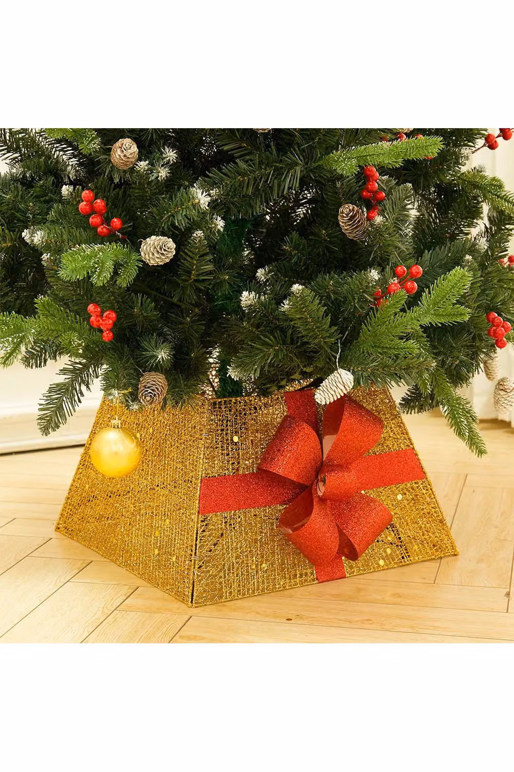 Living and Home Gold Square Metal Christmas Tree Collar Basket Decor with Bow Tie – 2