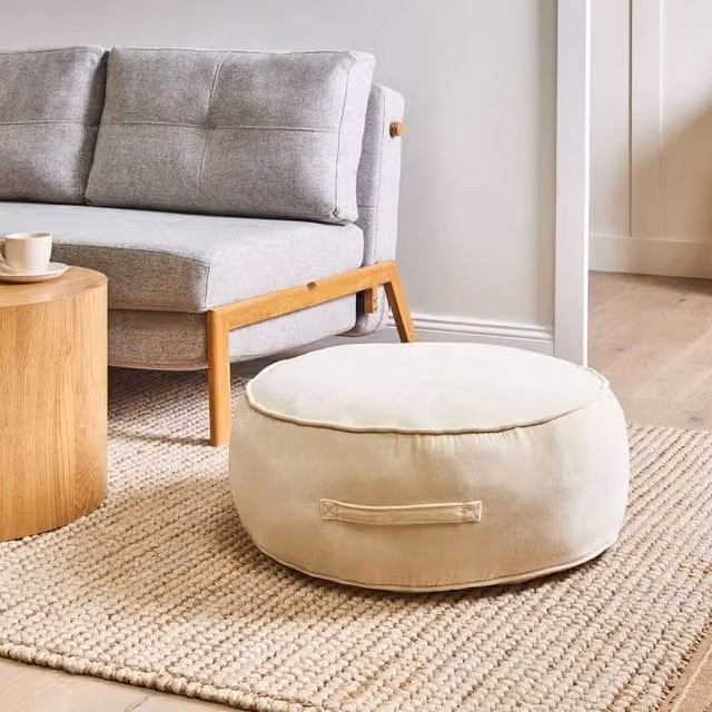 Wyld and Coco Velvet Round Ottoman Pouffe Footstool with Handle, Beige, W/D/H: 60 x 60 x 25 cm – 1