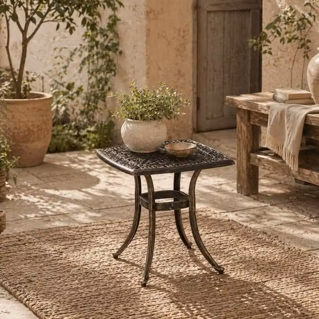 Wyld Haus Mave Cast Aluminium Bronze Patio Side Table with Central Umbrella Hole, W/D/H: 54.0 x 54.0 x 52.5 cm – 1