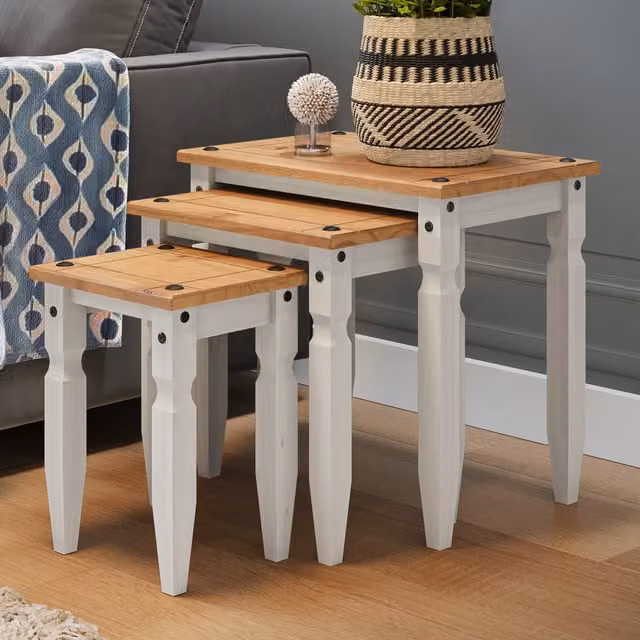 Mercers Furniture Corona Piccolo Nest of 3 Tables in Distressed White Waxed Solid Pine Wood
