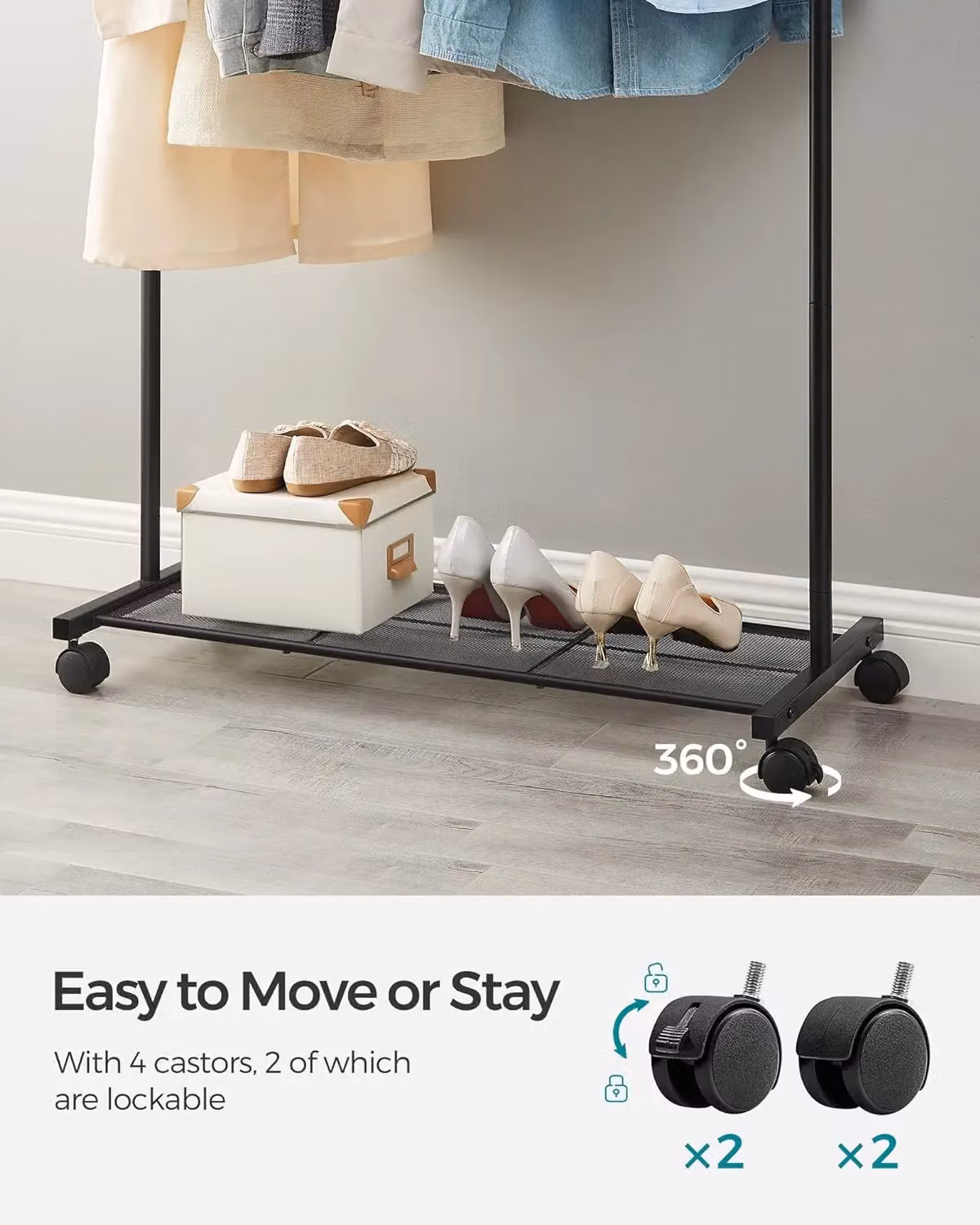 SONGMICS Clothes Rail with Storage Shelf and Lockable Wheels in Black, H 158 x W 40.5 x D 40 x H 40.5 cm – 4