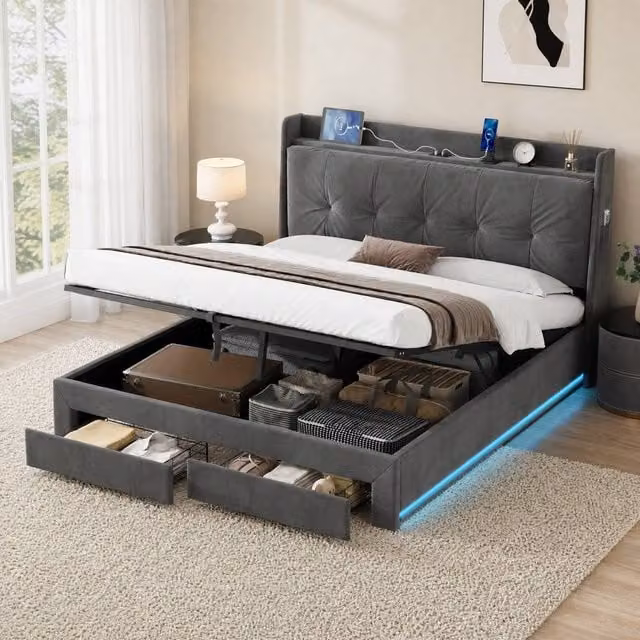 STILVORA Grey Velvet King Ottoman Bed with Under-Bed LED Lighting and USB Charging Port, W/D/H: 180 x 200 cm – 1