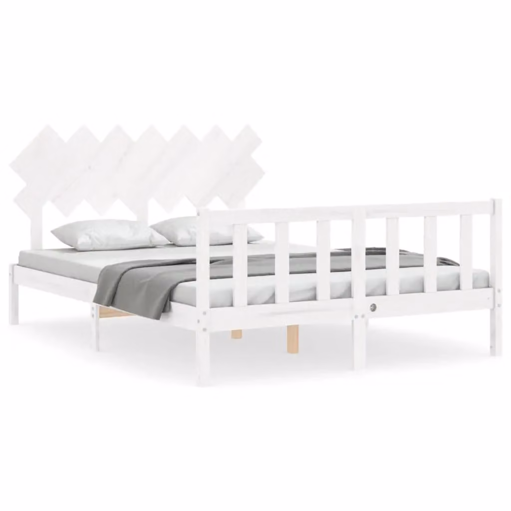 Berkfield Home White Solid Pine Bed Frame with Headboard W/D/H: 140 x 190 cm – 2