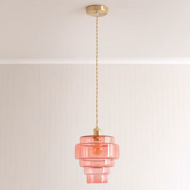 ValueLights Lane 5 Tier Layered Glass Pendant Ceiling Light with LED Bulb in Brushed Gold and Pink