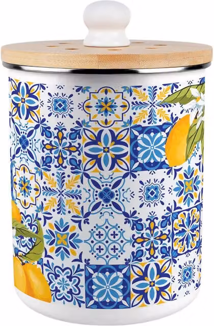 Purely Home Amalfi Lemons Metal Food Waste Caddy with Flip Lid, 2L, Blue, Yellow and Multicolour