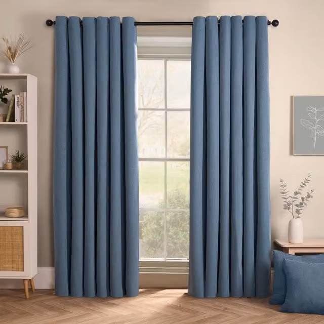 OHS Woven Texture Pair of Blue Blackout Eyelet Curtains, Width: 229 cm, Drop: 229 cm – 1